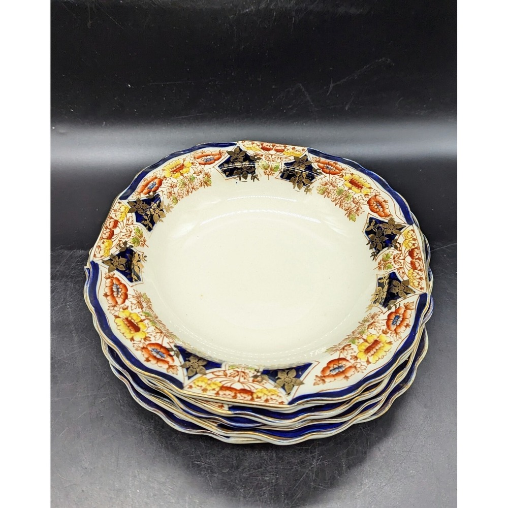 Vintage Myott Son & Co Staffordshire Derbytone Rimmed Soup Bowls Set/6 Cobalt